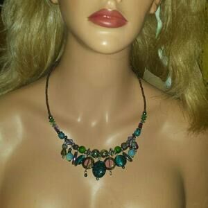 Wire Necklace 18" 20"  Glass beads TEAL IRIDESCENT